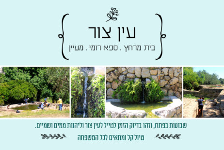 גרפיקה המכילה הזמנה לעין צור פלוס תמונות של בית המרחץ והבריכה